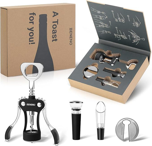 Beneno Multifunctional Wine Bottle Opener Gift Wing Corkscrew, Foil Cutter, Vacuum Stopper & Aerator Pourer, Perfect for Wine Lovers Man Woman, Elegant Black