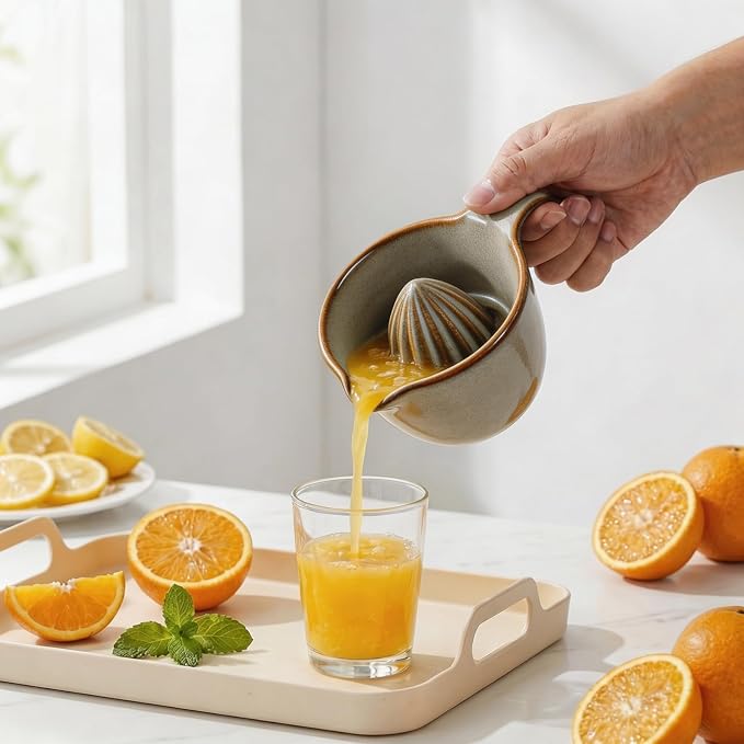4 inch Ceramic Lemon Squeezer - Manual Citrus Juicer with Handle and Easy Pour Spout for Lemon, Orange, Lime&Grapefruit -Easy to Clean Hand Press Juicer,Microwave & Dishwasher Safe,Lead-Free (Gray)