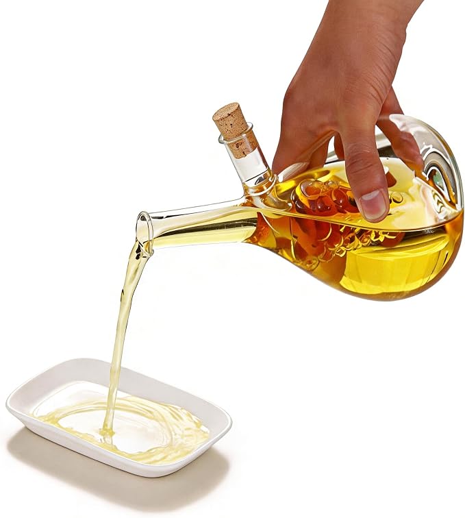 ELETON Grape Motif 2 in 1 Glass Oil and Vinegar Dispenser – Dual Chamber Cruet Bottle for Olive Oil & Balsamic, Leakproof Kitchen Container with Cork Stopper