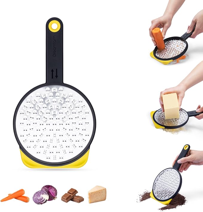 Dreamfarm Ograte Double Sided Cheese Grater - 3mm Medium Grating, Yellow | Multi-directional handheld food and vegetable shredder with bowl hook and non-slip foot, flat for space-saving storage