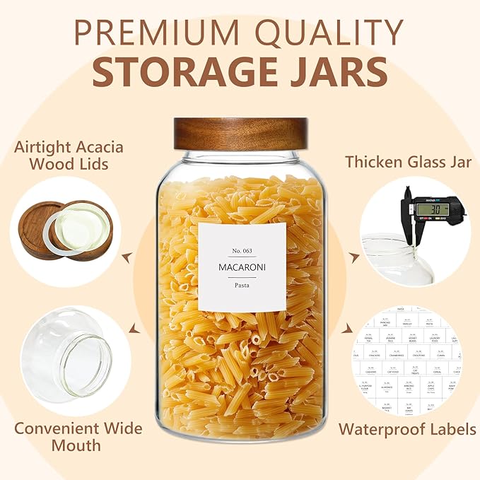 KEYWING 88oz Glass Jars w/Acacia Lids for Flour & Sugar Storage Containers | 3Pcs Large Airtight Food Storage Containers , Pantry Organizers for Rice, Pasta, Cereal, Cookies –88 fl.oz with 126 Labels