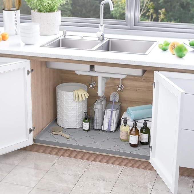 Waterproof Under Sink Mat Silicone 28" x 22" Kitchen Cabinet liner | BPA-Free Silicone Mat with Raised Lip Protects Cabinets from Leaks, Versatile Home Organizer for Bathroom, Pets, Boots, Floor
