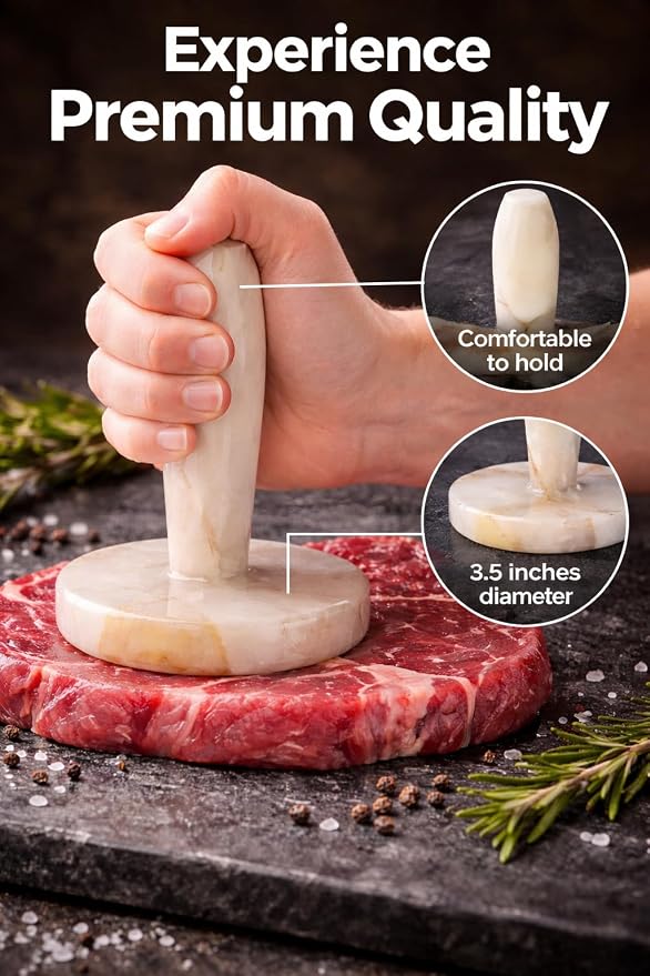 Marble Meat Pounder Tenderizer 5" Inches White Onyx Handmade Round Chicken Flattener Tool - Works Great As A Smash Burger Press - Meat Flattener for Steak, Chicken, Pork