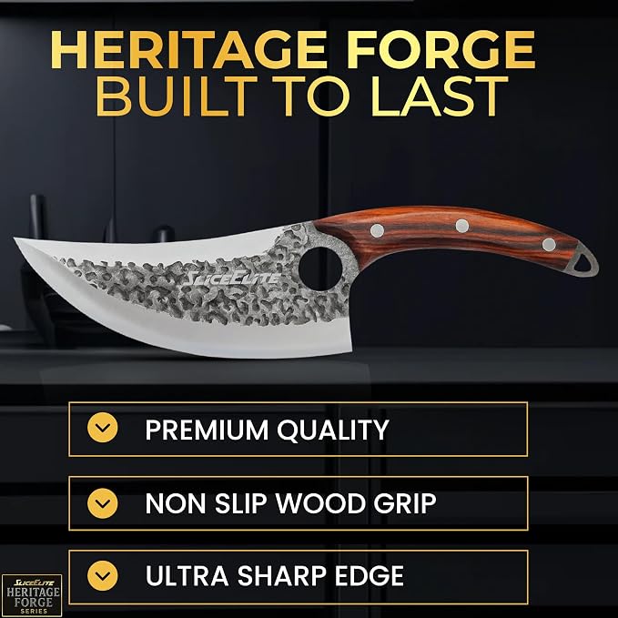SliceElite Heritage Forge Series Viking Knife Meat Cutting Boning Knife Slicing BBQ Kitchen Knife Full Tang Sandalwood Handle Hammered Pattern Forged Steel Gift Box