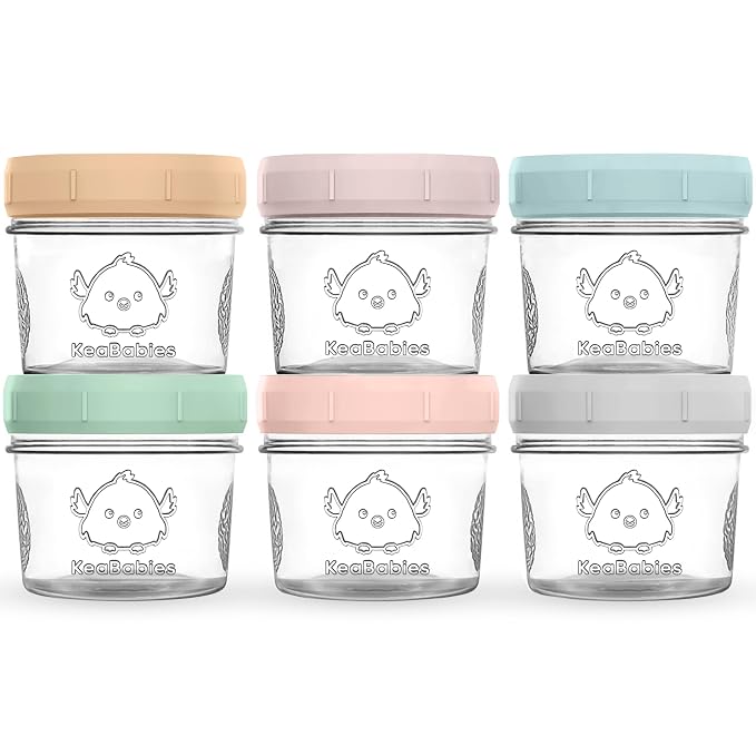KeaBabies 6pk 4oz Glass Baby Food Containers with Lids, Leak-Proof (Musk Dusk) | Microwavable Small Glass Jars, Baby Purees, Toddler Snack Storage Containers, BPA-Free, Dishwasher-safe, Freezer Safe