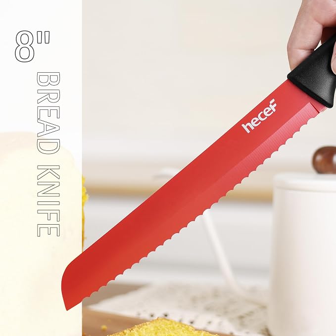 hecef 14 Pieces Kitchen Knife Set with Built-in Sharpening Wooden Block, Dishwasher Safe, High Carbon Stainless Steel Knife Block Set with Steak Knives, Kitchen Scissors (Red)