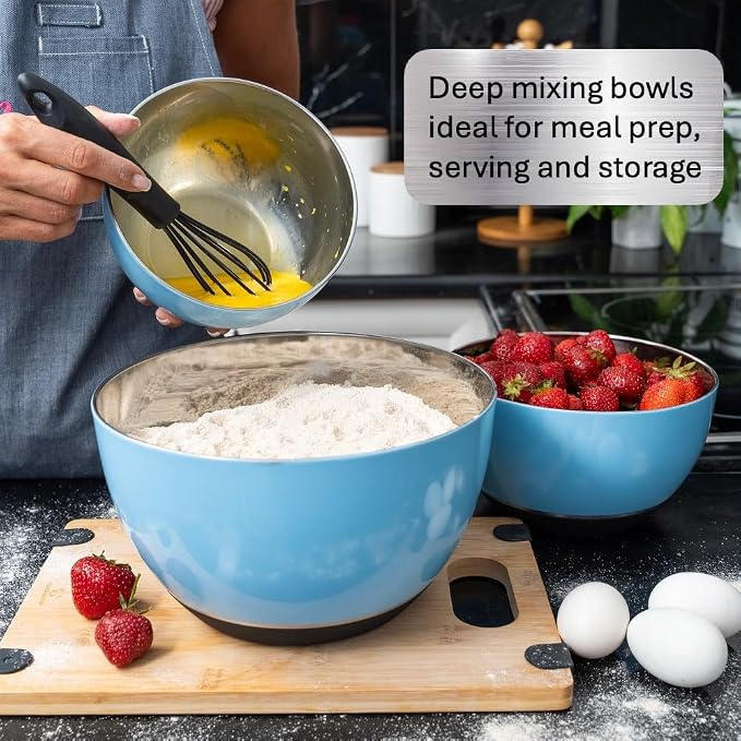 Stainless Steel Mixing Bowls Set, 3-Piece with Silicone Base | 1.5, 3 & 5 Qt Metal Bowls for Meal Prep, Baking, Cooking, Serving & Food Storage, Non-Slip Base, Dishwasher Safe, Blue