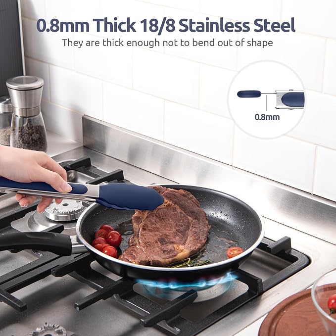 600ºF Heat Resistant Kitchen Tongs: U-Taste 9 in Silicone Cooking Tong with Firm Sealed Non Stick Rubber Tips & Silicon Coated 18/8 Stainless Steel Handle & Smooth Lock for Serving Grill-Midnight Blue
