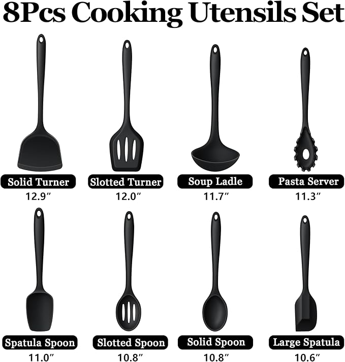 LIANYU Non-Toxic Cooking Utensils Set of 8, Silicone Black Kitchen Utensils Set for Non-Stick Cookware, Healthy Kitchen Tools with Spatula & Spoon, Stainless Steel Core, Healthy & Heat Resistant