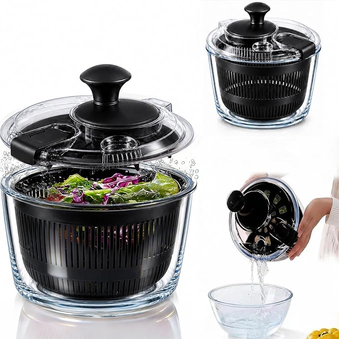 Glass Salad Spinner 3.2 Qt, Small Salad Spinner with Glass Bowl Removable Lid for Easy Cleaning Dishwasher Safe Glass Bowl Vegetable and Fruit Washer Dryer with Drain Spout Crank Handle Black