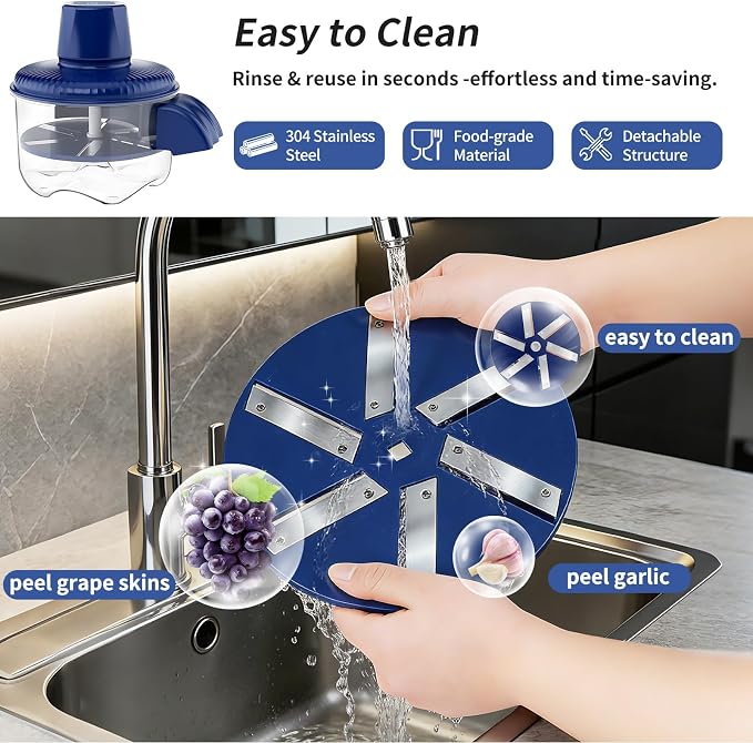 Electric Grape Peeler, Automatic Garlic & Cherry Tomato Peeler, Upgraded 6-Blade Cordless Fruit & Vegetable Skin Remover, Fast & Easy-Peel Kitchen Tool for Home, Camping, Picnics & Parties (Blue)