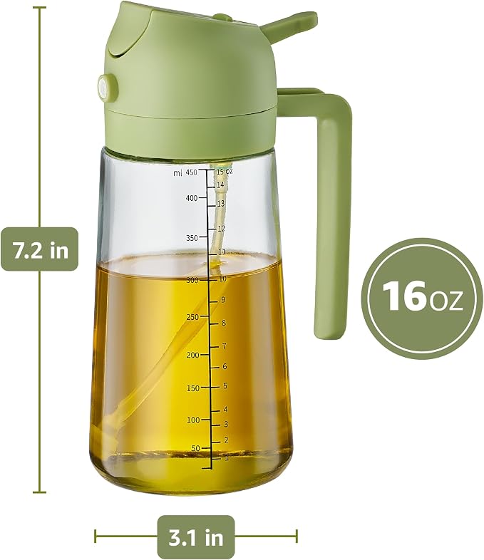 FineDine 16 oz Glass Olive Oil Sprayer for Cooking, Oil Dispenser, Green | Glass 2-in-1 olive oil dispenser bottle, oil dispenser for kitchen, oil spray bottle, mist or stream, anti-drip spout, salads