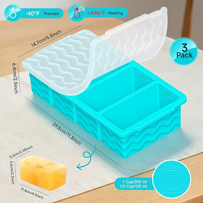 3-Pack Silicone Freezer Trays with Lid, Soup Freezer Container Molds, Silicone Freezer Molds, Ice Cube Tray for freezing Soup Sauce Broth Leftovers, Dishwasher & Oven Safe, BPA Free (1-cup,blue)