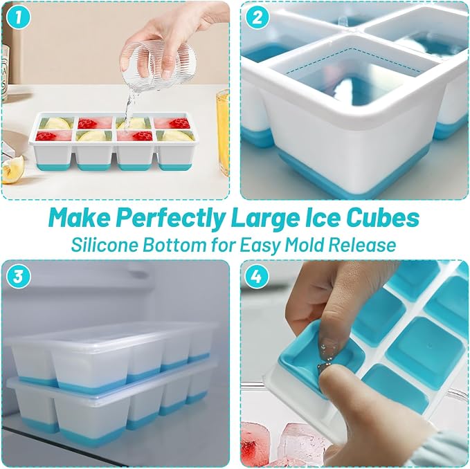 VEHHE Large Square Ice Cube Trays, 3 Pack Easy to Clean Ice Molds with Lid, Easy Release and Flexible Silicone 24-Ice Cube Molds (Blue)