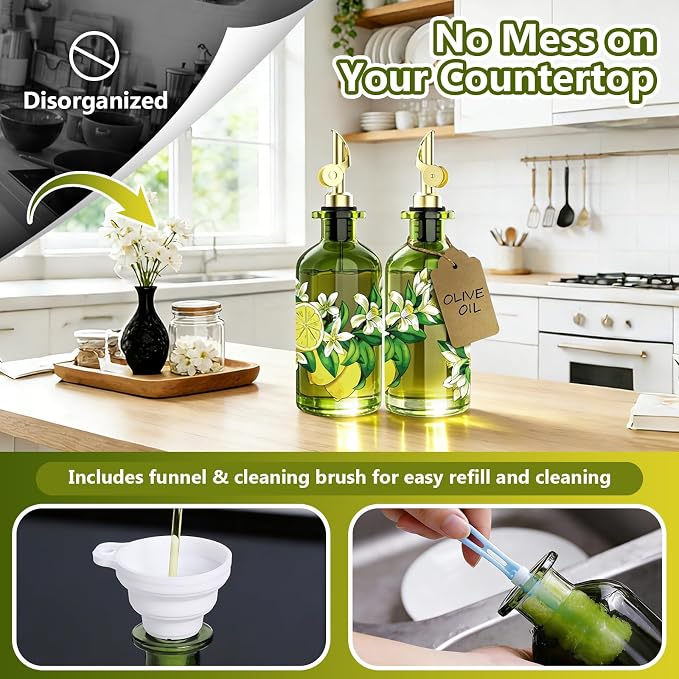 Olive Oil Dispenser Bottle for Kitchen, 12oz/350ml Extra Thick Glass Oil and Vinegar Cruet with Stainless Steel Pourer, Funnel & Cleaning Brush, Premium Oil Dispenser Set (Lemon)