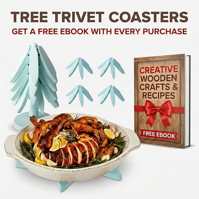 Wooden Trivets for Hot Dishes – Tree Trivet Set with 4 Foldable Wooden Trivets & 1 Stand, Heat-Resistant, Space-Saving Trivet Tree for Pots, Bowls & Teapots (Soft Aqua)
