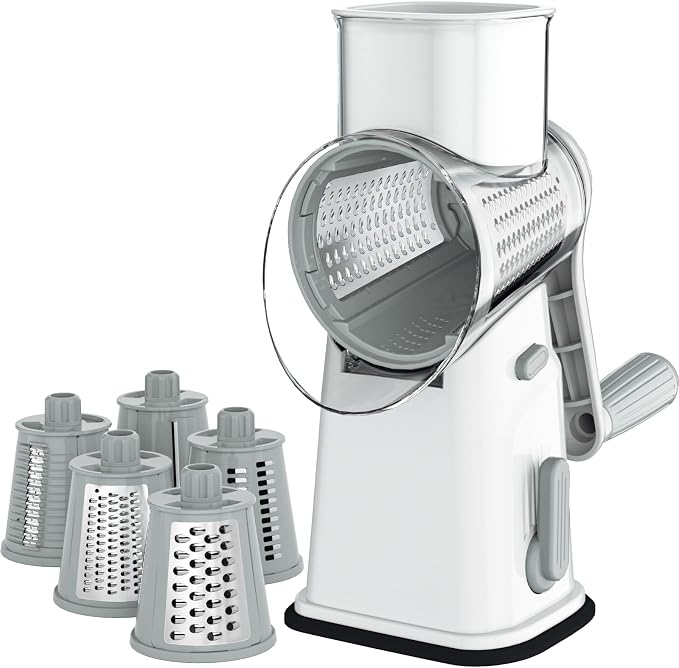 Ourokhome Rotary Cheese Grater Cheese Shredder with 5 Interchangeable Blades, Rotary Grater with Non-slip Suction Base Hand Crank Slicer for Vegetable Nuts White