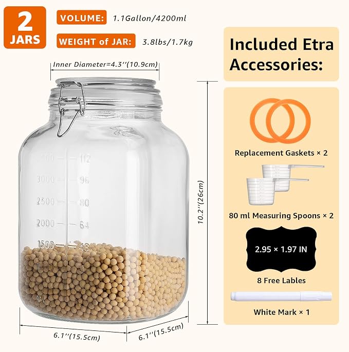 2 Pack 1.1 Gallon Square Super Wide Mouth, Airtight Glass Storage Jars, with Measurement Marks, Leak-Proof Lids for Kitchen Pantry, Canning, Dry Food (Flour, Sugar) & Drinks