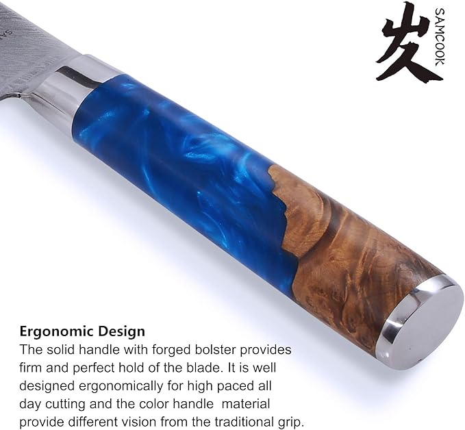 SAMCOOK Damascus Chef Knife - 8 Inch Professional Sharp Gyuto Knife,High Carbon Stainless Steel Kitchen Cooking knife - Ergonomic Blue Resin Wood Handle with Gift Box