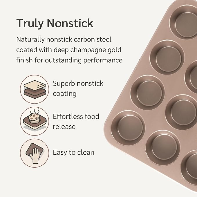 12 Cup Muffin Pan Nonstick, PFOA & BPA Free | | Non-Toxic - High Carbon Steel - Gold - Cupcake Tin for Oven Baking