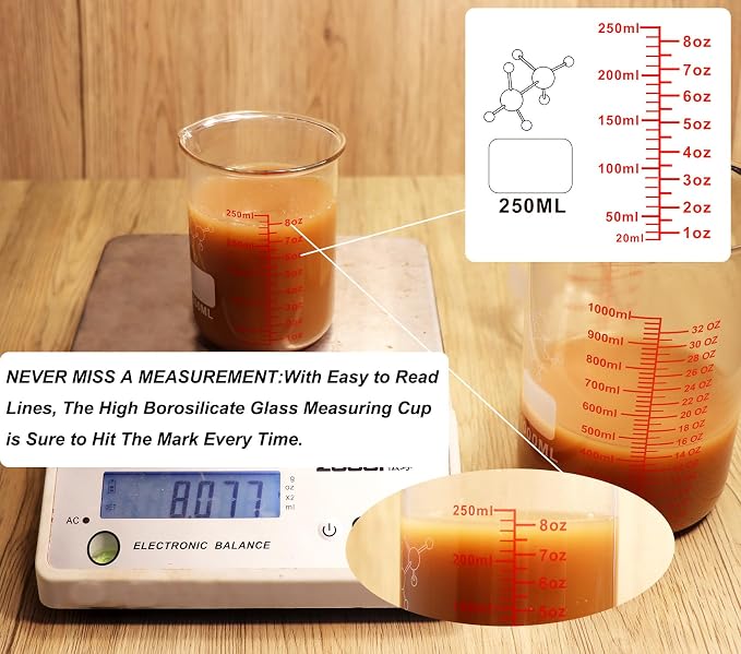 High Borosilicate Glass Measuring Cup Set-V-Shaped Spout，Includes 250ml(8OZ), 500ml(16OZ), and 1000ml(32OZ) Glass Measuring Beaker, Easy to Read