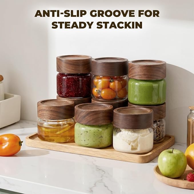6 Pack 4 oz Glass Jars with Lids, Small Mason Jars with Airtight Acacia Wood Lid, Mini Glass Spice Jars for Kitchen Pantry Organization, 4oz Small Containers for Coffee Sugar Tea & Candy
