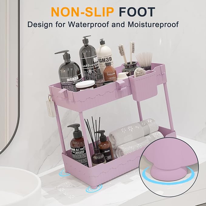 2-Pack Under Sink Organizer with Hooks & Hanging Cup for Kitchen | Multi-use kitchen & bathroom storage, 12.8 inch pink cabinet organizer, with hooks and hanging cup for easy access.