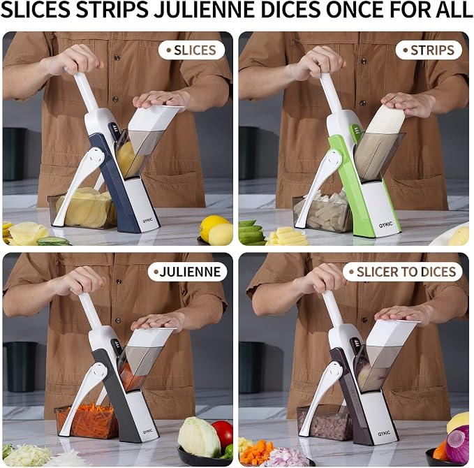 QYKIC Safe Mandoline Slicer,Vegetable Potato Slice Food Cutter for Kitchen,Thickness Adjustable Upright Veggie Chopper for Fast Meal prep (Gray)