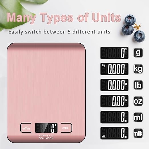 Food Scale Kitchen-Scale 11lb/5kg Food Scale for Kitchen Stainless Steel LCD Display Tare Function (g/oz/ml) for Meal Prep Coffee (Batteries Included) Pink