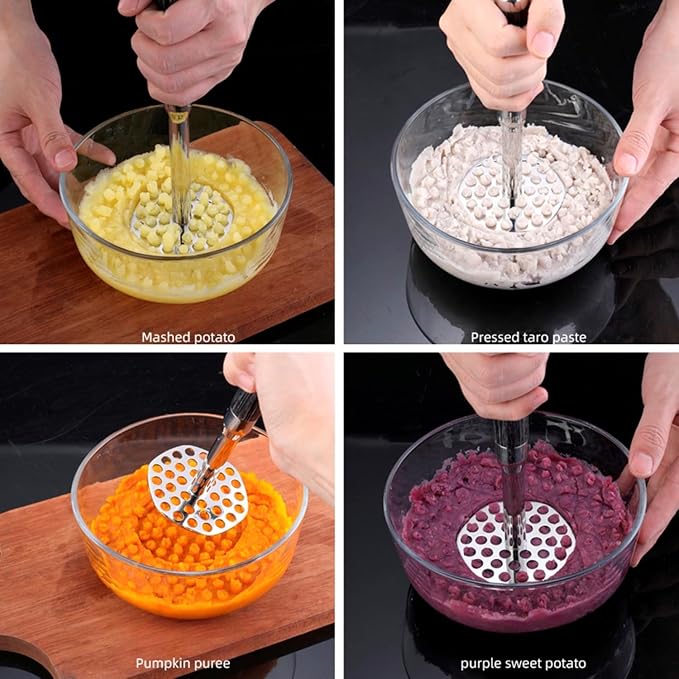 316 Stainless Steel Potato Masher, 10 Inch Heavy Duty Masher with Ergonomic Wood Handle, for Smooth Mashed Potatoes, Guacamole, Baby Food