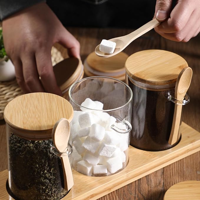 Glass Spice Storage Container with Spoon, 3PCS 20oz Airtight Sealed Condiment Jar with Tray, Kitchen Pantry Seasoning Canister Set for Salt Coffee Sugar Tea & Bathroom Cotton Swab Ball