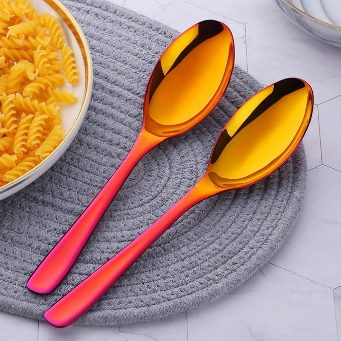 Buffet Serving Spoons, Stainless Steel 10 Inch Orange Red Server Set of 2, Large Salad Serverware Utensils, Dishwasher Safe