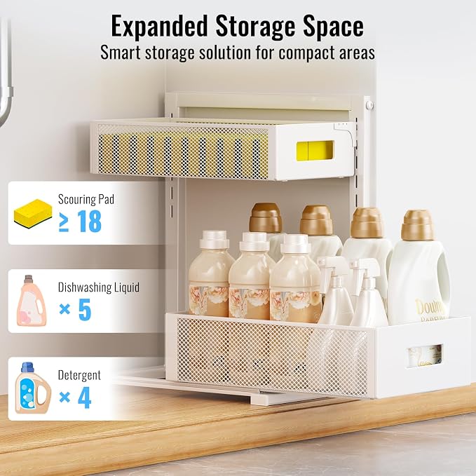 TISTAYA Full Metal Under Sink Organizer, Pull Out Cabinet Organizers and Storage, Silk-Smooth Sliding Drawer for Kitchen, Bathroom, Pantry, Cabinet, Closet (White, 2 Pack)