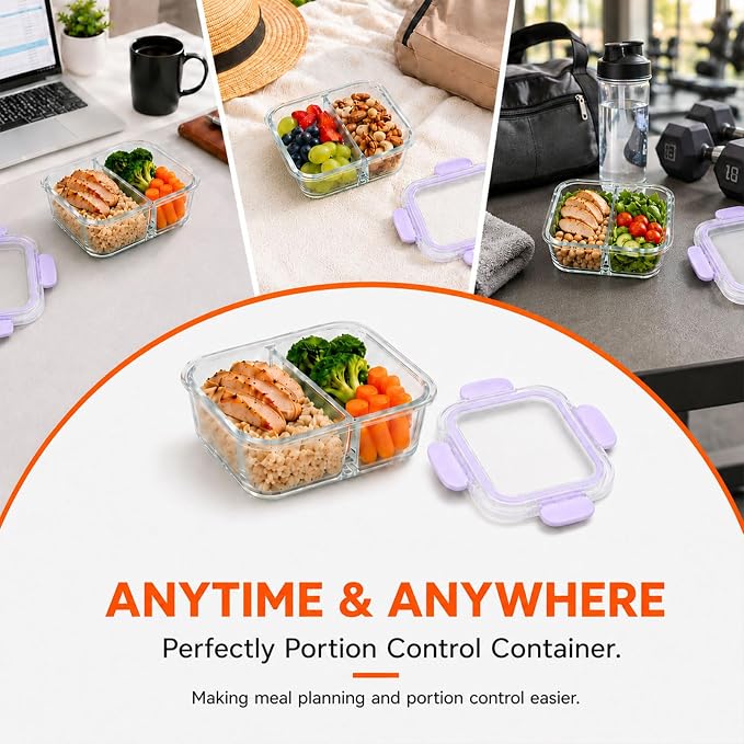 3 Pack Bariatric Meal Prep Containers, 8oz Glass Snack Containers | Glass Bariatric Portion Control Containers with Two 4 oz Compartments, Reusable Lunch Box Bento Box with Lids,Purple