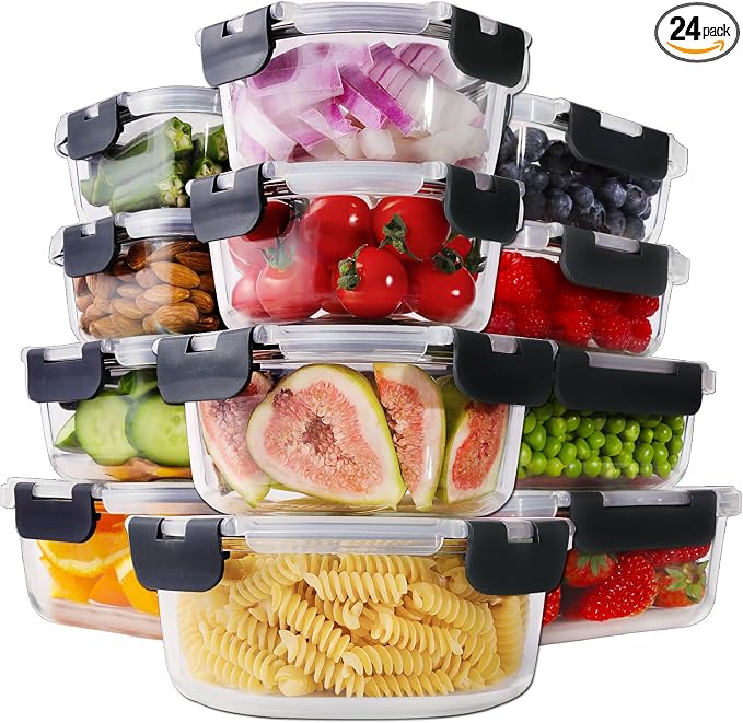 HOMBERKING 24pc Borosilicate Glass Food Storage Containers with Lids, Glass Meal Prep Containers with Leak Proof Snap Lock, Airtight Bento Lunch Boxes, Kitchen Storage (12 lids & 12 Containers)-Black