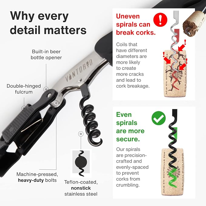 Vintorio Professional Waiters Corkscrew - Wine Key with Ergonomic Rubber Grip, Beer Bottle Opener and Foil Cutter (3 Pack)