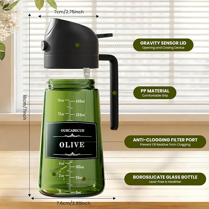 OURCABECUE Upgraded Made Oil Sprayer for Cooking 2 Set, 2 in 1 Spray and Pour Olive Oil Dispenser 16oz 470ml Dark Green Oil Spray Bottle, Mist Olive Oil Dispensing with Scale & 8 Labels