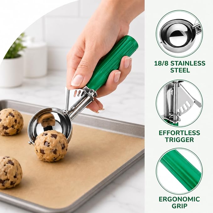 2.67 OZ Large Ice Cream Scoop, Cookie Scoop with Trigger Release & Anti-Freeze Grip, Cookie Scooper for Baking, Portion Scoop for Cookie Dough, Cupcake, Mashed Potatoes (Green - 5.2 Tbsp/ 78 ml)