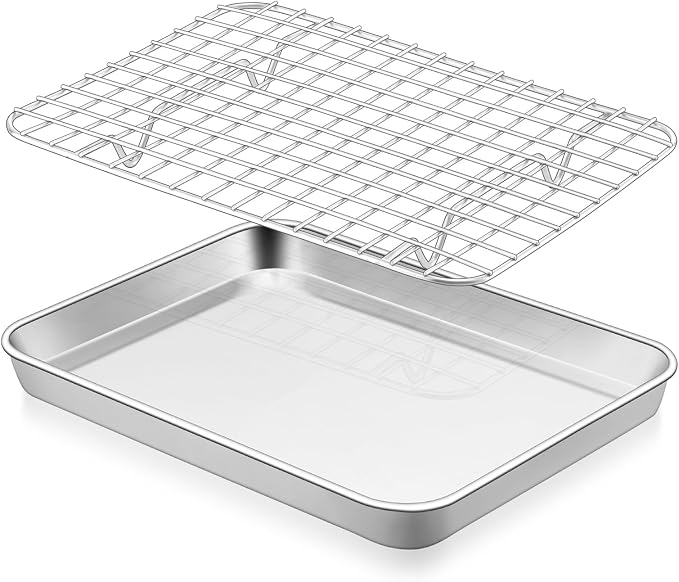 E-far Baking Sheet with Wire Rack Set, 9.5" x 7.3" (1 Pan +1 Cooling Rack) | Stainless Steel Sheet Pan with Rack Set for Toaster Oven, Mini Metal Tray for Cooking Roasting, Non-Toxic, Dishwasher Safe
