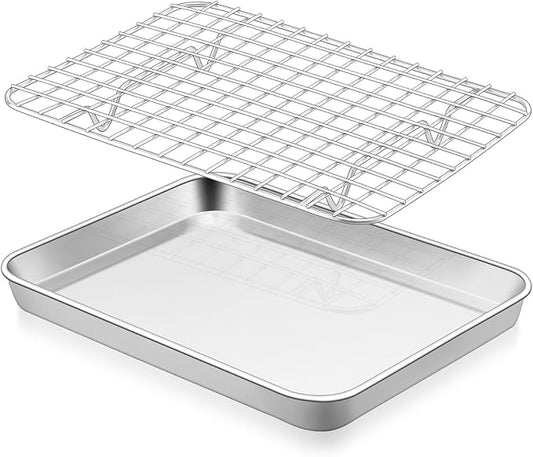 E-far Baking Sheet with Wire Rack Set, 9.5" x 7.3" (1 Pan +1 Cooling Rack) | Stainless Steel Sheet Pan with Rack Set for Toaster Oven, Mini Metal Tray for Cooking Roasting, Non-Toxic, Dishwasher Safe