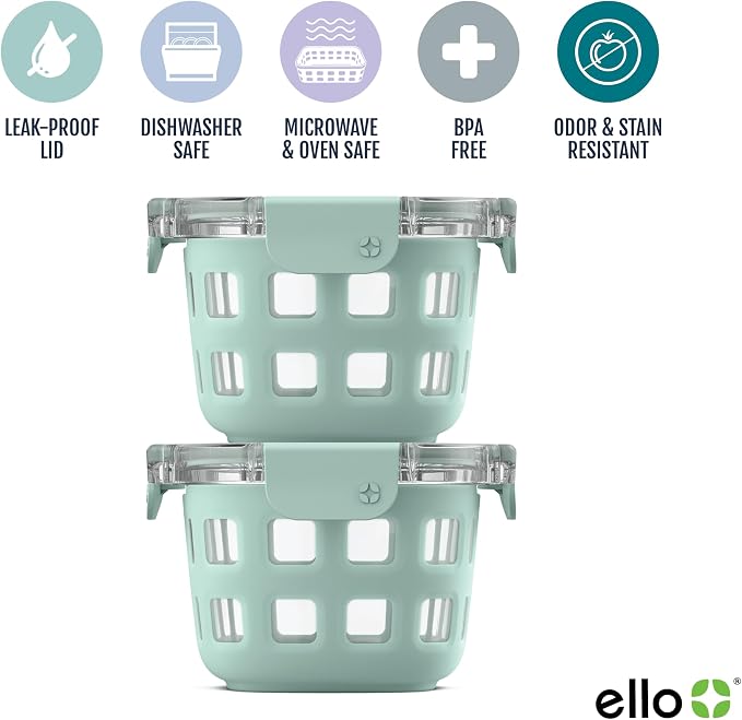 Ello Duraglass 2 Cup Glass Storage Containers with Lids, 2 Pack, Yucca | Glass meal prep set with silicone sleeves, leakproof BPA-free lids, microwave and oven safe, freezer and dishwasher safe