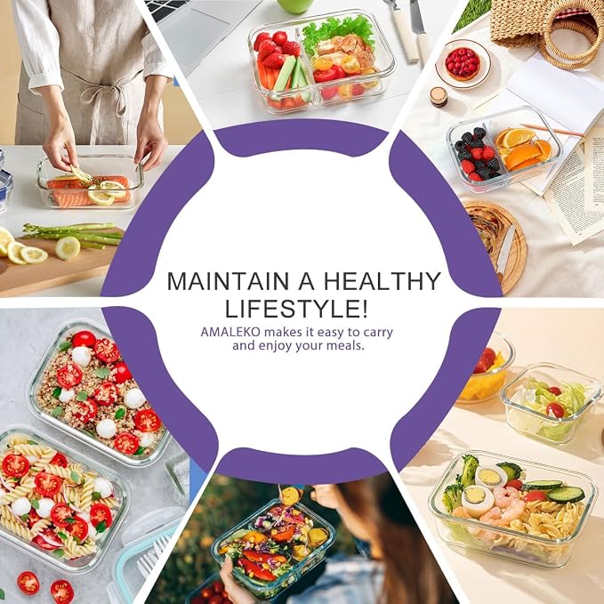 AMALEKO 42pcs Glass Food Storage Containers with Lids Set, 21 Containers & 21 Lids Glass Meal Prep Containers with Snap Locking Lid Set, Leak Proof Lunch Container BPA-Free,Purple