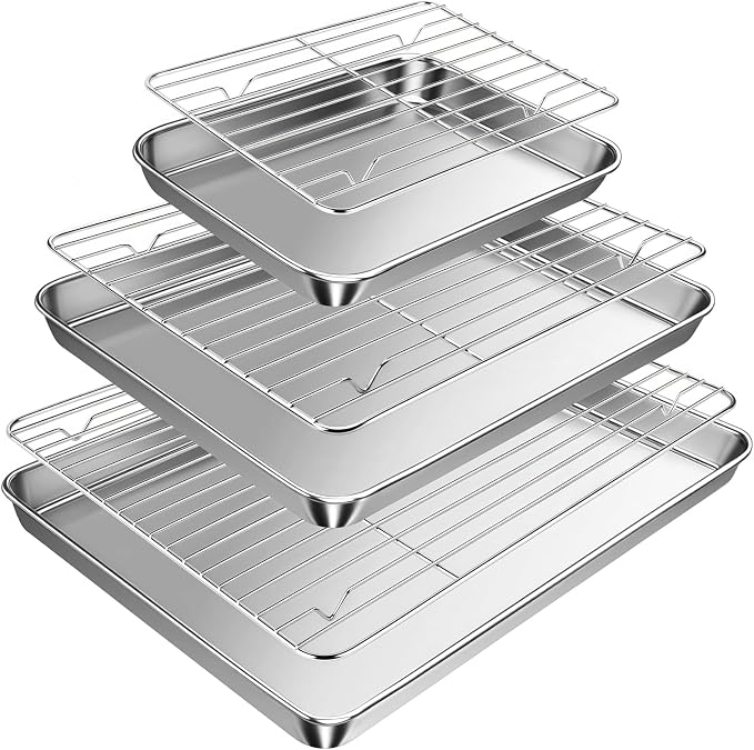 Baking Sheet with Rack Set (3 Pans + 3 Racks), 9/12/16 Inch Stainless Steel Cookie Sheet Baking Pan Tray with Cooling Rack, Jelly Roll Pan with Wire Rack, Warp Resistant & Heavy Duty & Rust Proof