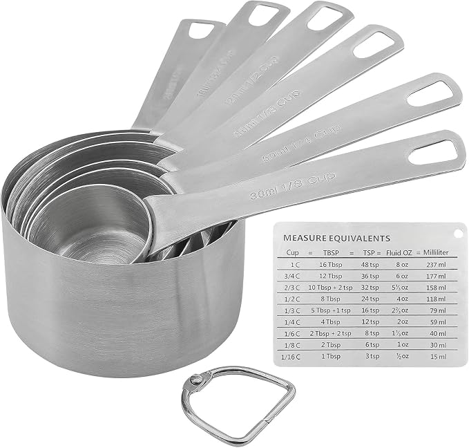 Measuring Cups Set, 18/8 Stainless Steel Measuring Cup Set, 6 Metal Measuring Cups with Measure Equivalents, Dry Kitchen Measure Cups, Baking Measurement Cups with 1/8 & 3/4 Measuring Cup