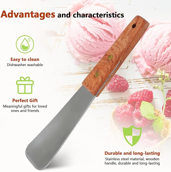 2 Pieces Ice Cream Scoop with Wooden Handle, Stainless Steel Dessert Spade & Butter Cutter, Essential Kitchen Tool – Perfect Flat Ice Cream Metal Spade for Home and Commercial Use