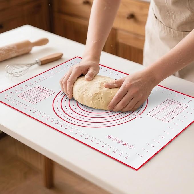 Silicone Baking Mat Dough Mat Non-Slip and Reusable Red | 0.7mm NewUpgraded Mat for Rolling Out Dough, Non Stick Silicone Mats with Measurements for Cookies, Macaroon, Bread, Pastry