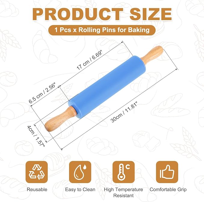 uxcell Rolling Pins for Baking, 12 Inch Silicone Non-Stick Rolling Pin Baking Roller Wooden Handle for Home Kitchen Dough Cookies Pastry, Blue