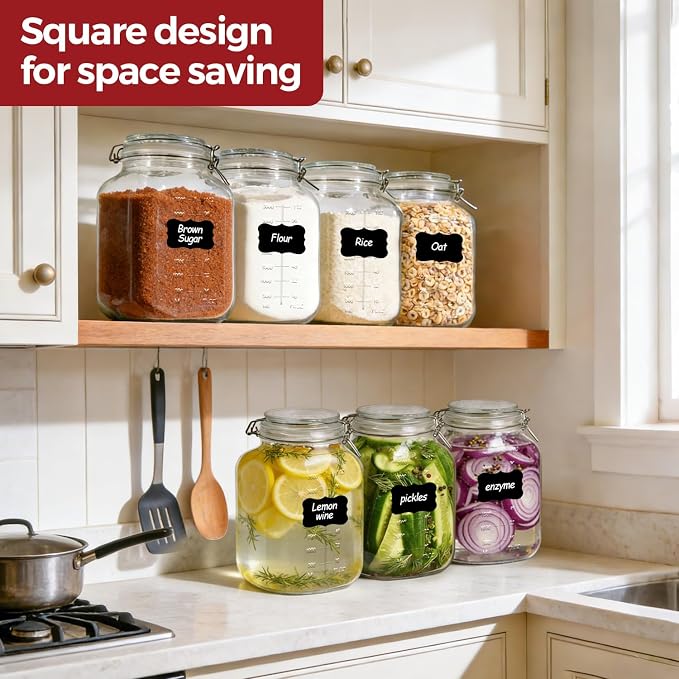 Large Glass Jars with Airtight Lids 1.1 Gallon 2 Pack Flour Jar | Wide Mouth, Scoop Included, Flour Sugar Storage Containers,Baking Supplies,Leak Proof,BPA-Free,Pantry Organization, Pickling