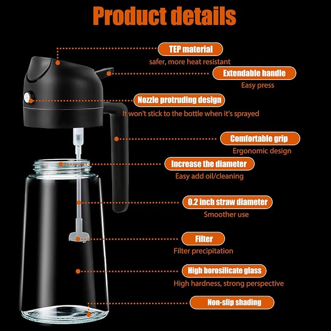 2 in 1 Oil Dispenser and Sprayer, 470ml Glass Bottle for Kitchen, Cooking, Air Fryer, Salad, BBQ (Black)