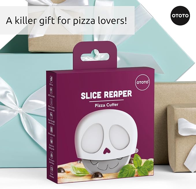 NEW - OTOTO Slice Reaper Pizza Cutter Wheel - Funny Gifts, Grim Reaper Halloween Gifts Cute Kitchen Accessories, Pizza Slicer with Cover, Kitchen Gothic Spooky Gifts, Stainless Steel Handheld (Skull)